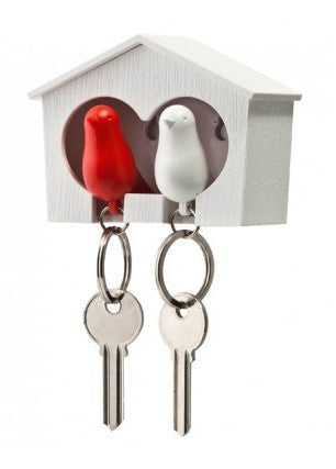 QL10124-RW Qualy Sparrow Duo - sleutelhouder huisje mus rood / wit