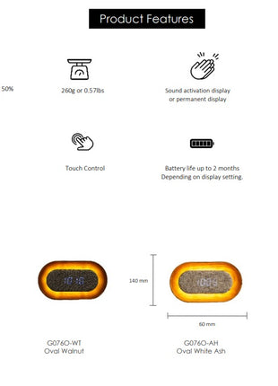 Gingko Lumos wekker ovaal essen met verlichting G076O-AH