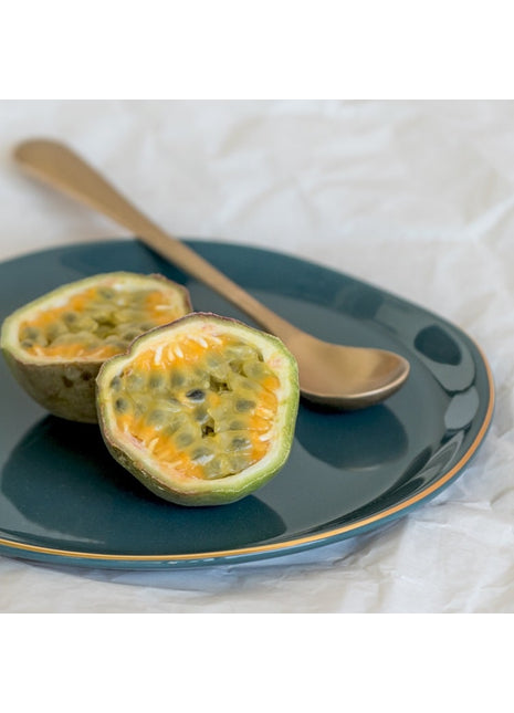 105239 Good Morning bord / plate blauw groen gouden rand 17 cm