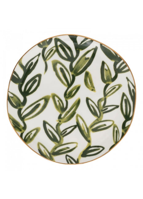 108198 Good Morning bordje gouden rand 17 cm theebladeren groen
