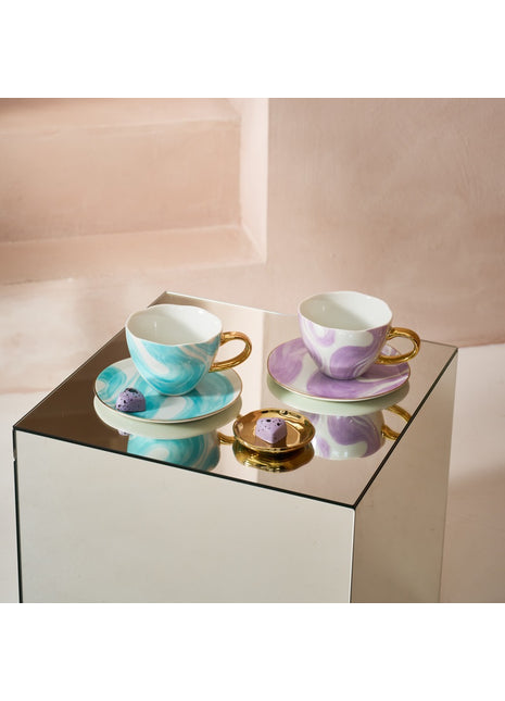 108219 Good Morning 2x cappuccino / thee + bord violet kadoset