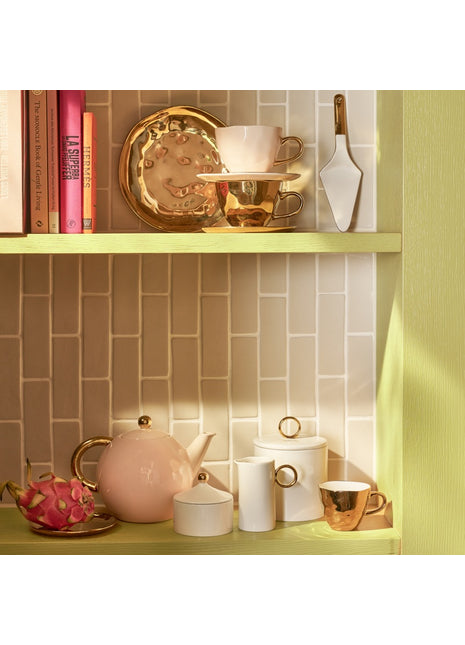 Good Morning theepot goud met deksel old pink