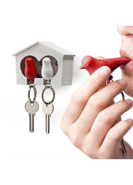 QL10124-RW Qualy Sparrow Duo - sleutelhouder huisje mus rood / wit