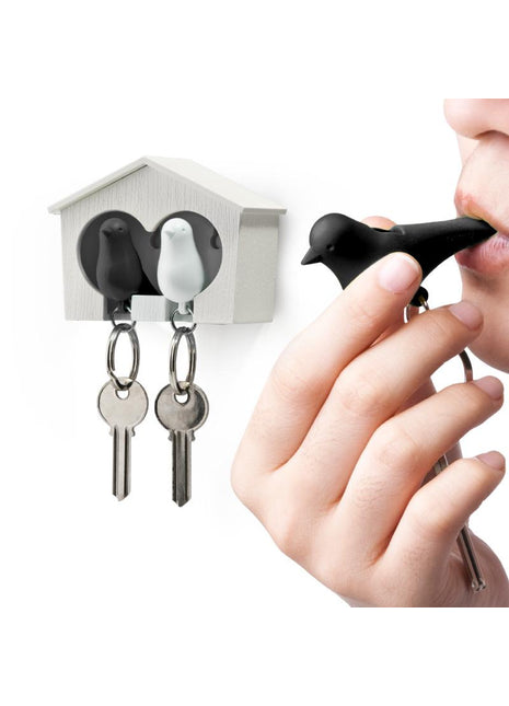 QL-1024BK Qualy Sparrow Duo - sleutelhouder huisje mus zwart / wit