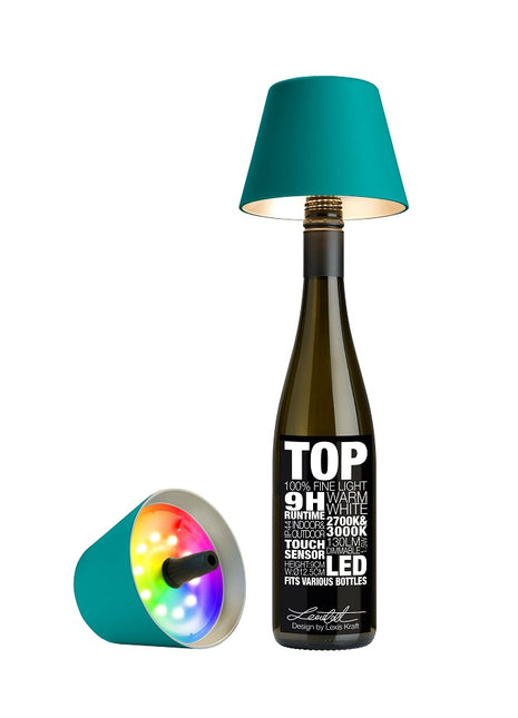 Sompex Top 2.0 flessenlamp wijnfles fles accu traploos dimbaar led turquoise multi-colour 72534