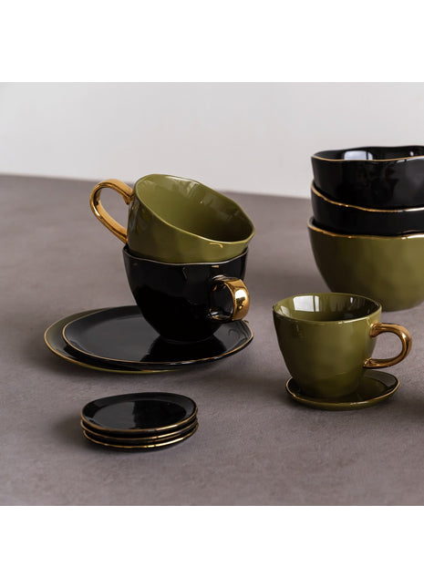 105270 Good Morning bord / plate small zwart gouden rand 9 cm