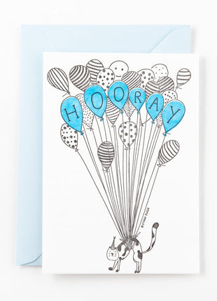 Verjaardagskaart hooray ballon kat