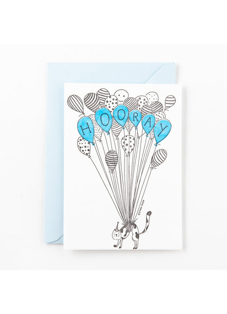 Verjaardagskaart hooray ballon kat